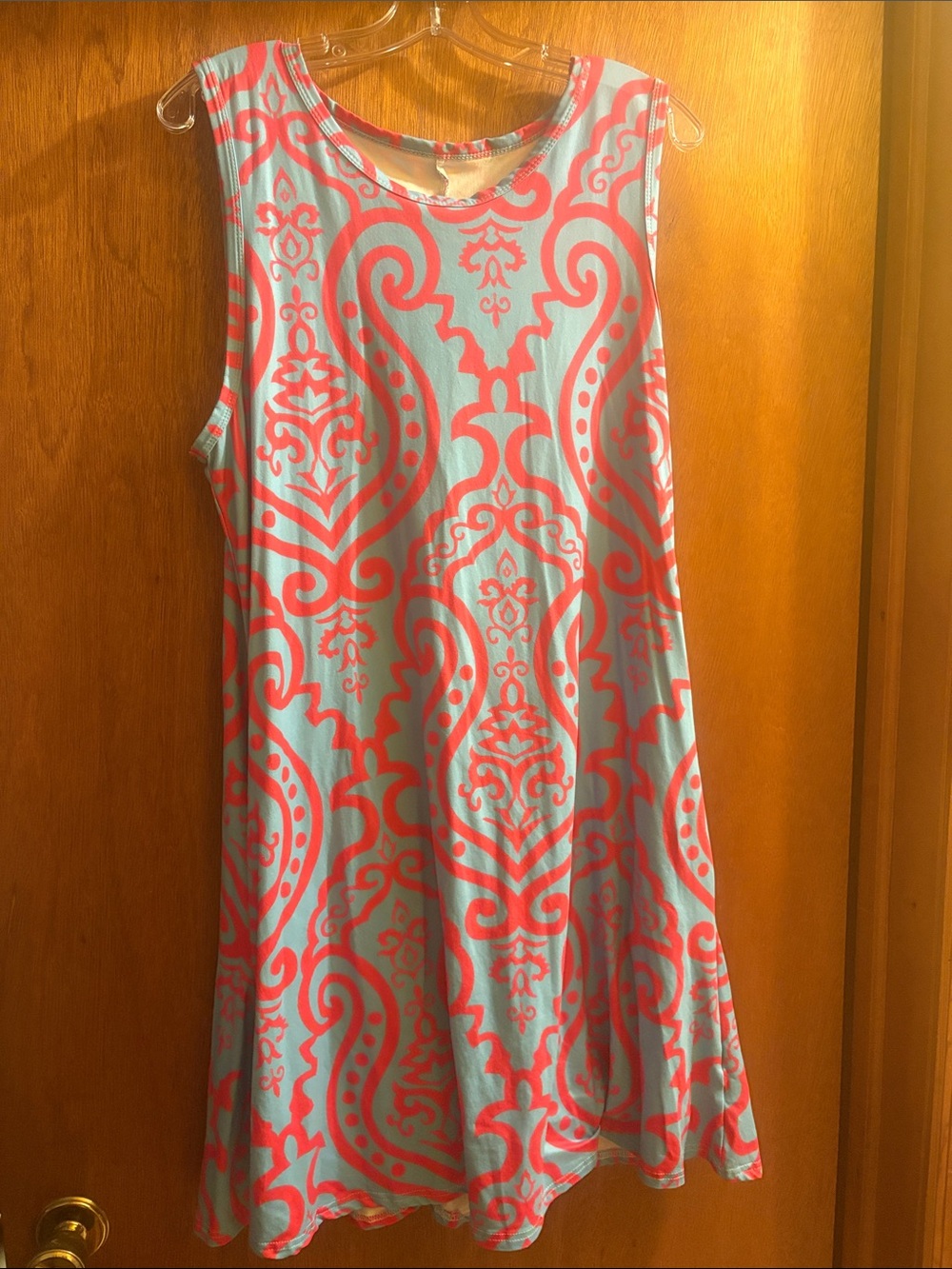 Sleeveless Turquoise Dress with Coral Damask Print